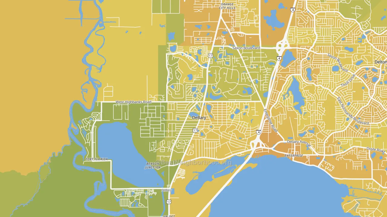 Map of the best neighborhoods in the 32713 area, with better matches in green and worse matches in red