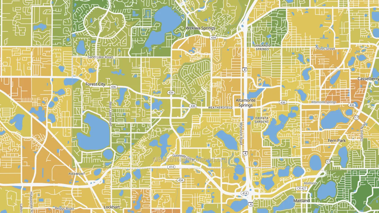 Map of the best neighborhoods in the 32714 area, with better matches in green and worse matches in red