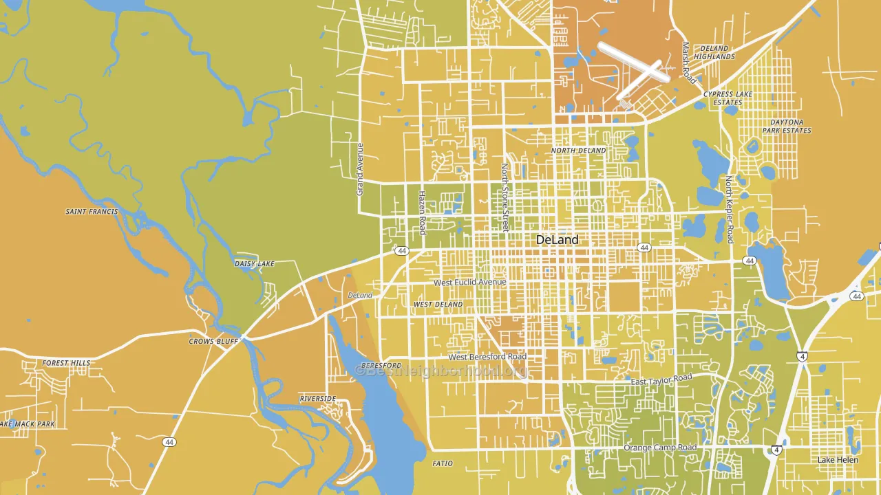 Map of the best neighborhoods in the 32720 area, with better matches in green and worse matches in red