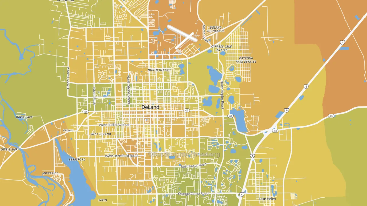 Map of the best neighborhoods in the 32724 area, with better matches in green and worse matches in red