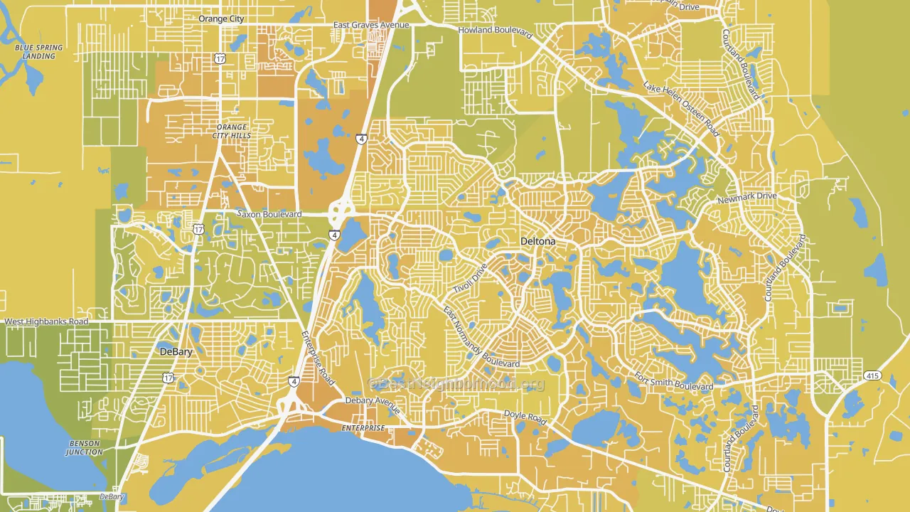 Map of the best neighborhoods in the 32725 area, with better matches in green and worse matches in red