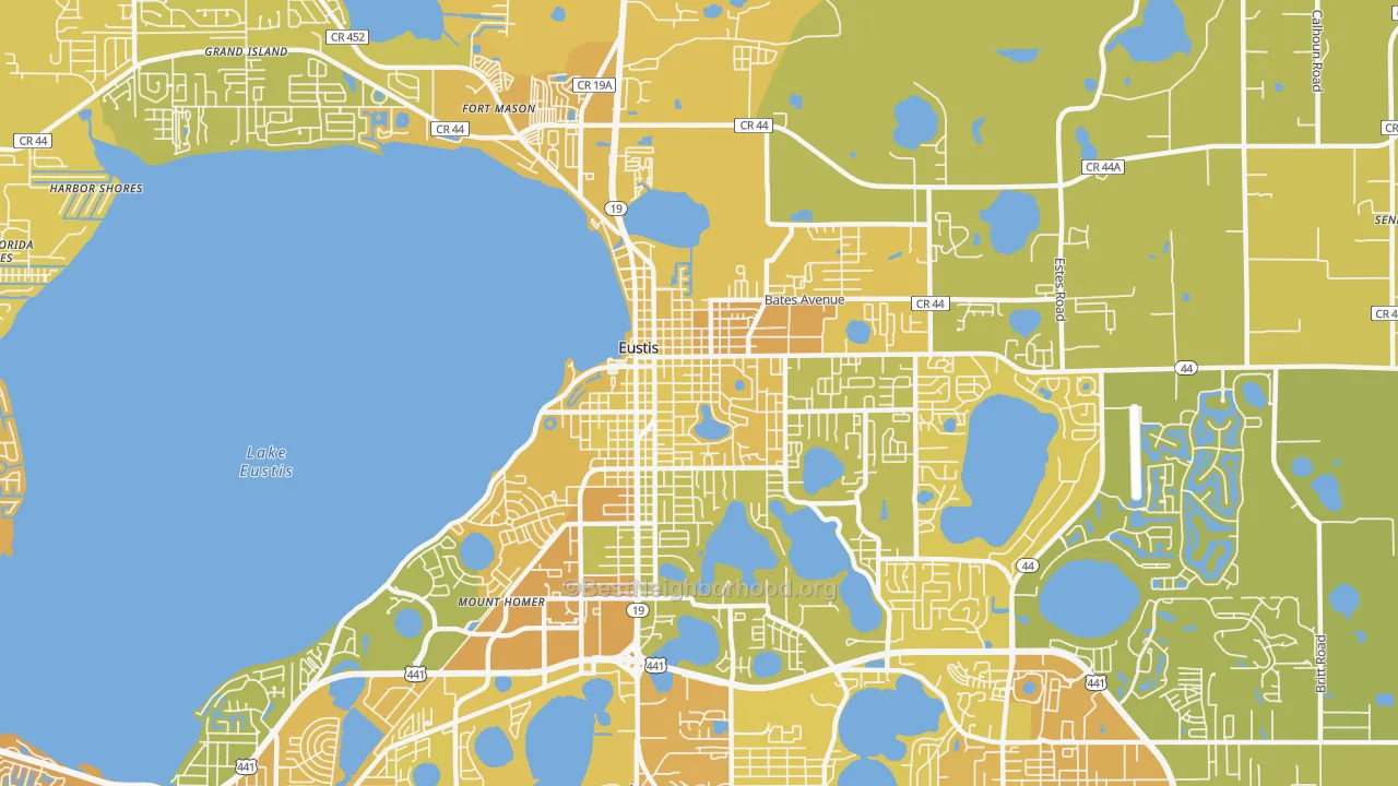 Map of the best neighborhoods in the 32726 area, with better matches in green and worse matches in red