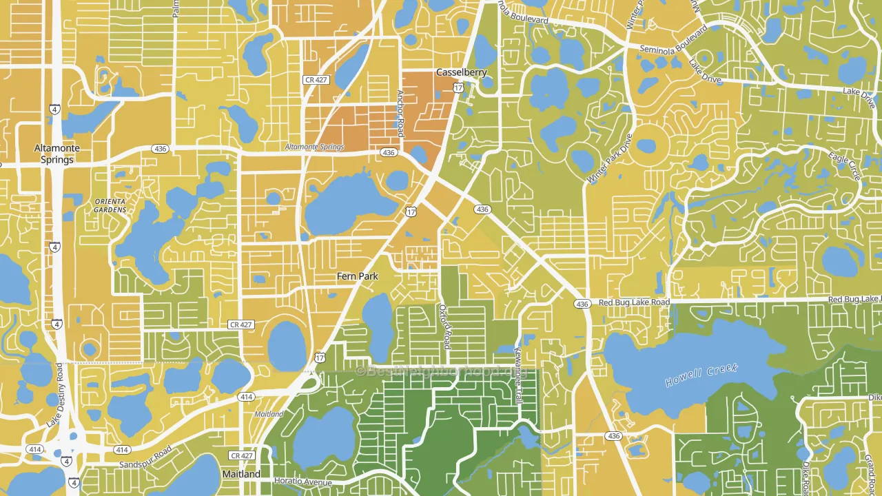 Map of the best neighborhoods in the 32730 area, with better matches in green and worse matches in red