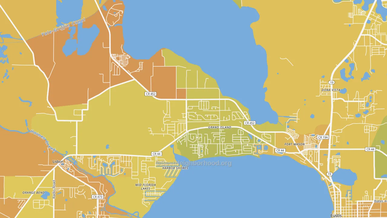 Map of the best neighborhoods in the 32735 area, with better matches in green and worse matches in red