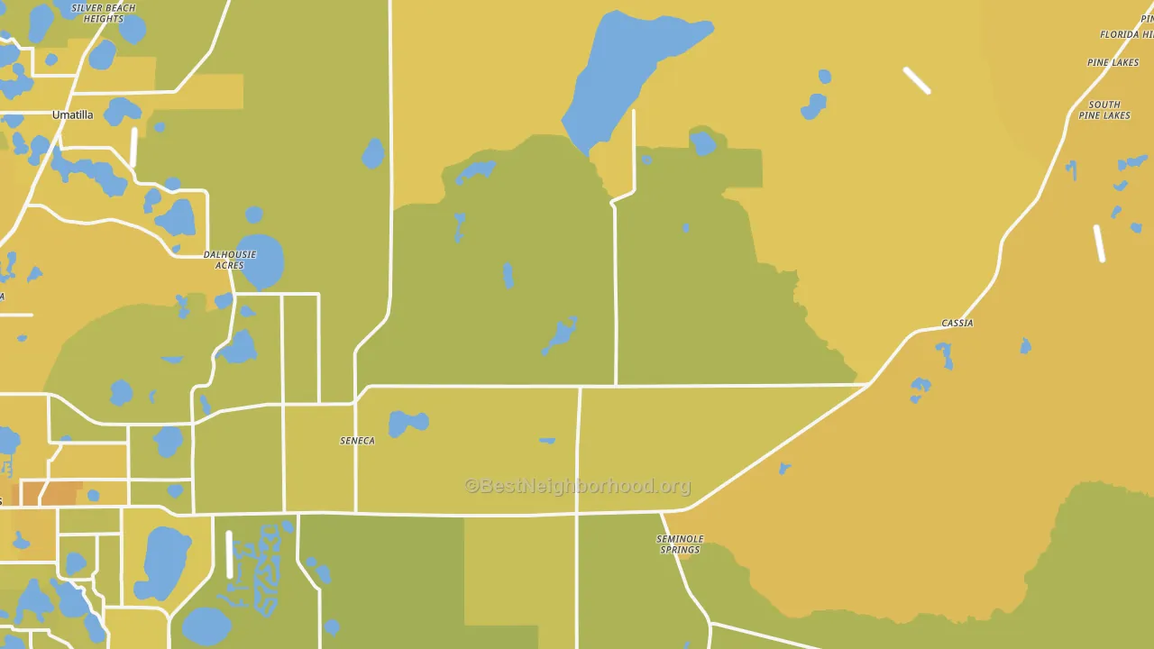 Map of the best neighborhoods in the 32736 area, with better matches in green and worse matches in red