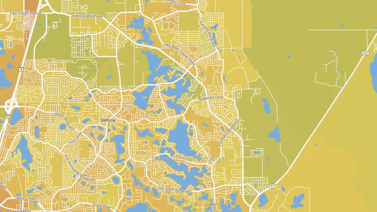 Map of the best neighborhoods in the 32738 area, with better matches in green and worse matches in red