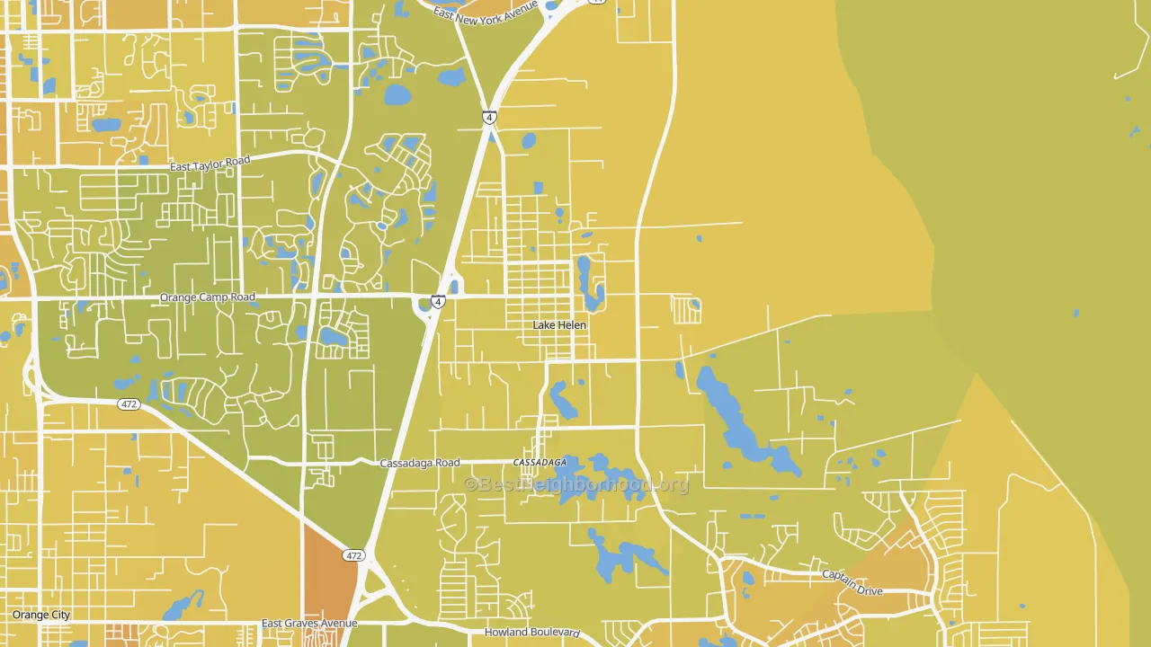 Map of the best neighborhoods in the 32744 area, with better matches in green and worse matches in red