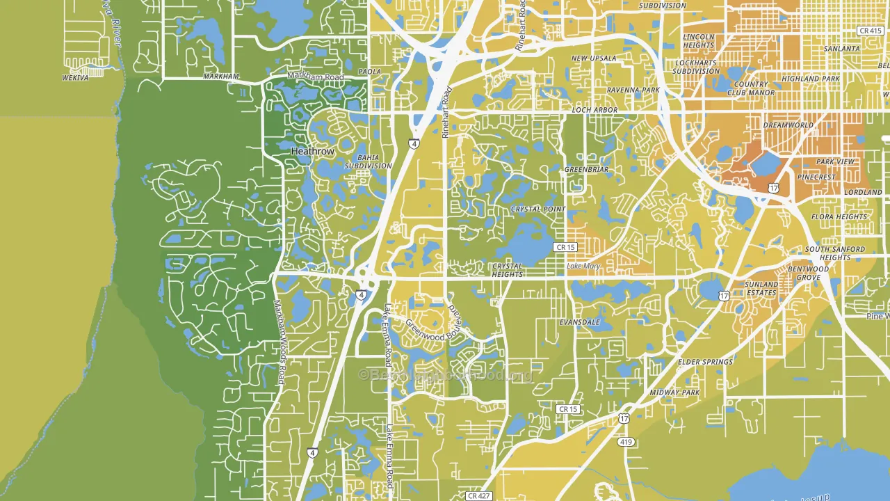 Map of the best neighborhoods in the 32746 area, with better matches in green and worse matches in red