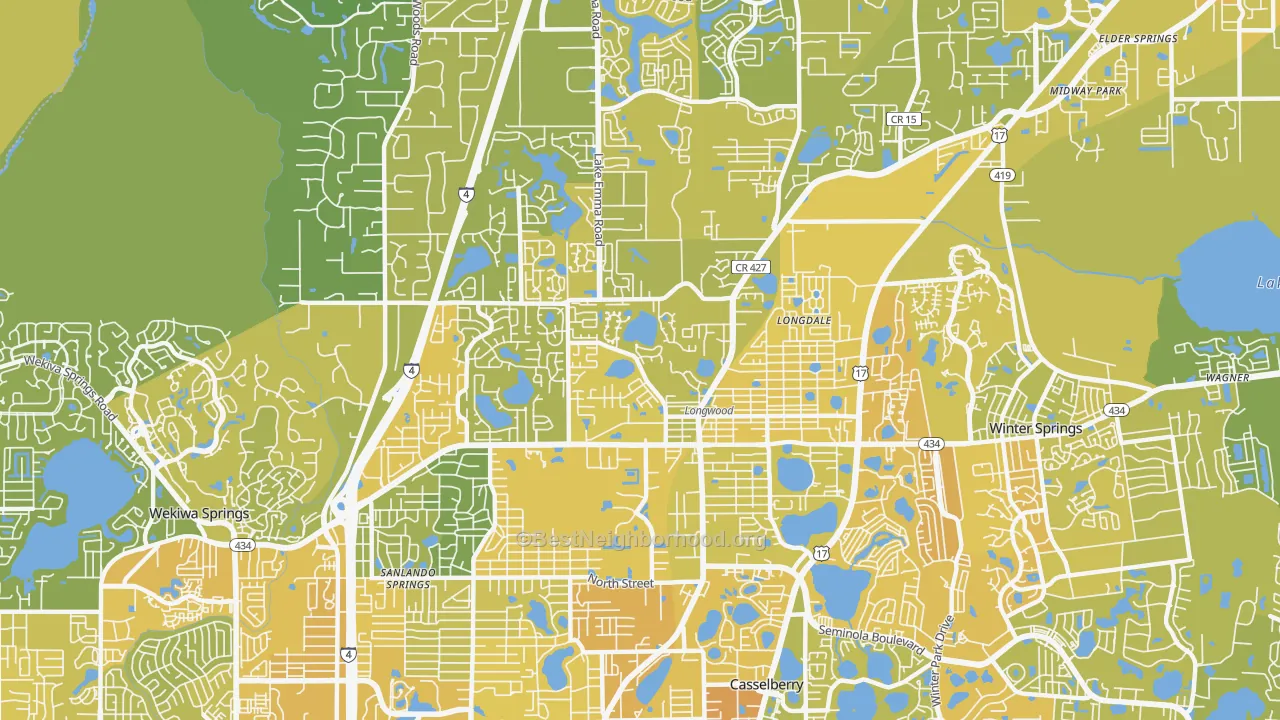 Map of the best neighborhoods in the 32750 area, with better matches in green and worse matches in red
