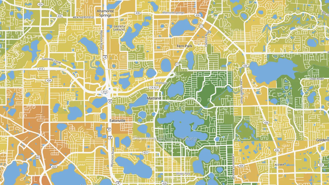 Map of the best neighborhoods in the 32751 area, with better matches in green and worse matches in red