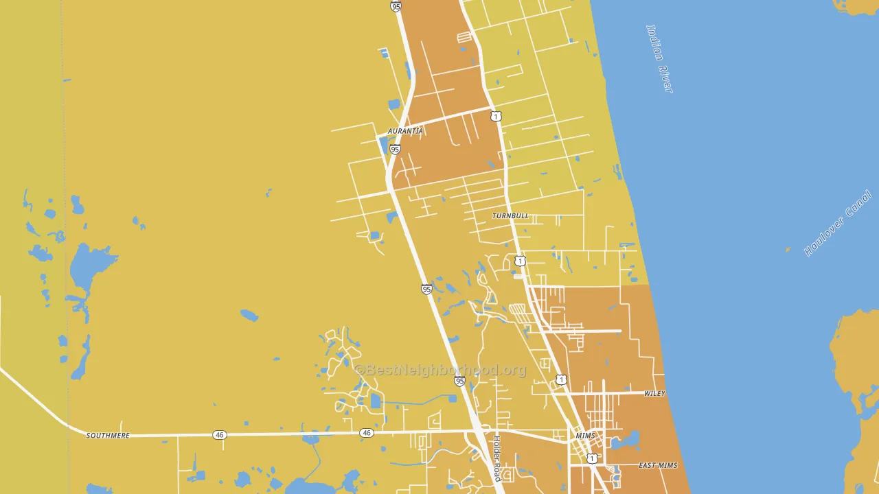 Map of the best neighborhoods in the 32754 area, with better matches in green and worse matches in red