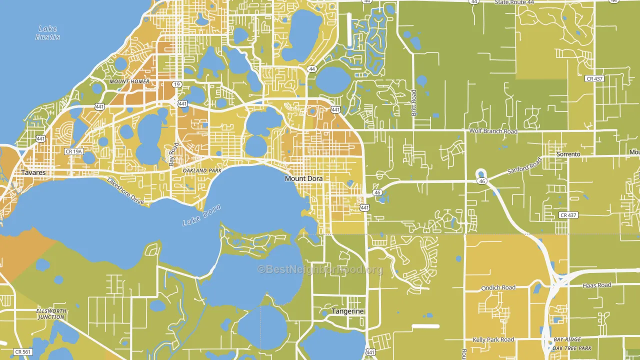 Map of the best neighborhoods in the 32757 area, with better matches in green and worse matches in red