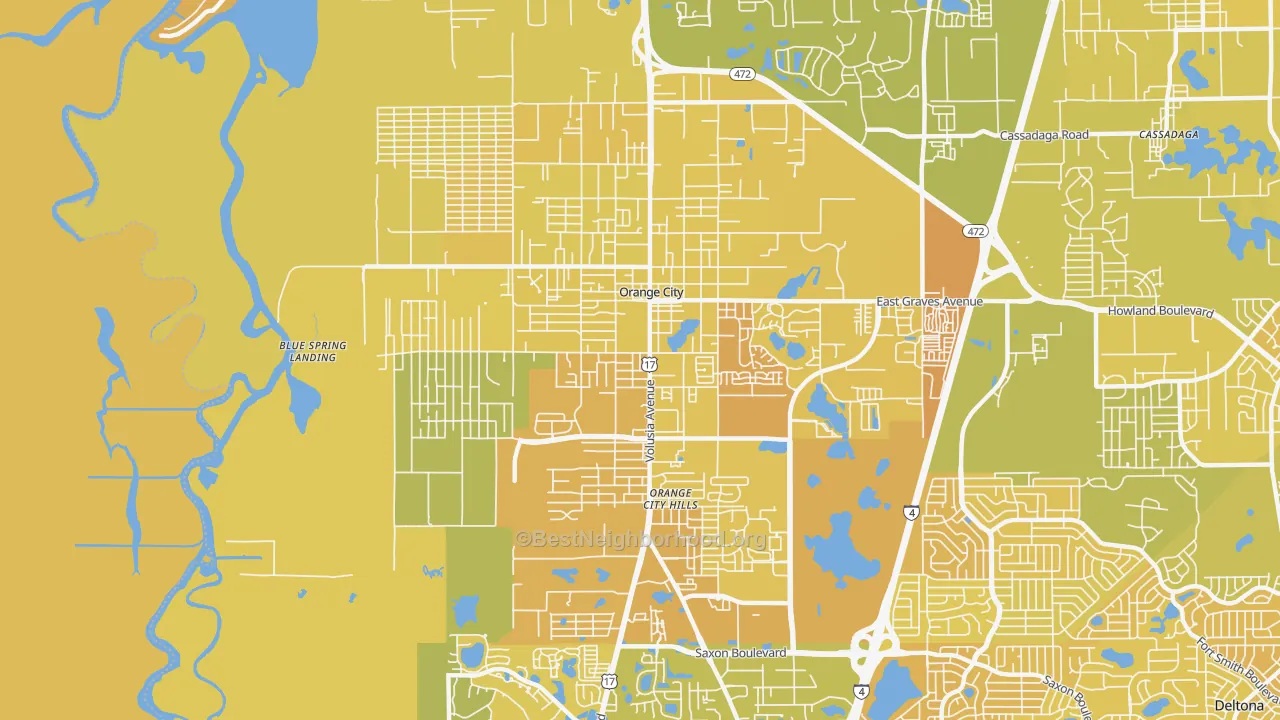 Map of the best neighborhoods in the 32763 area, with better matches in green and worse matches in red