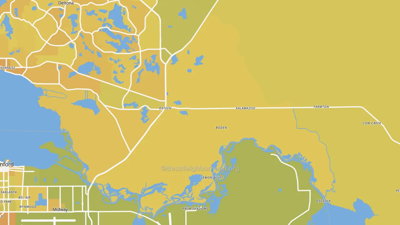 Map of the best neighborhoods in the 32764 area, with better matches in green and worse matches in red