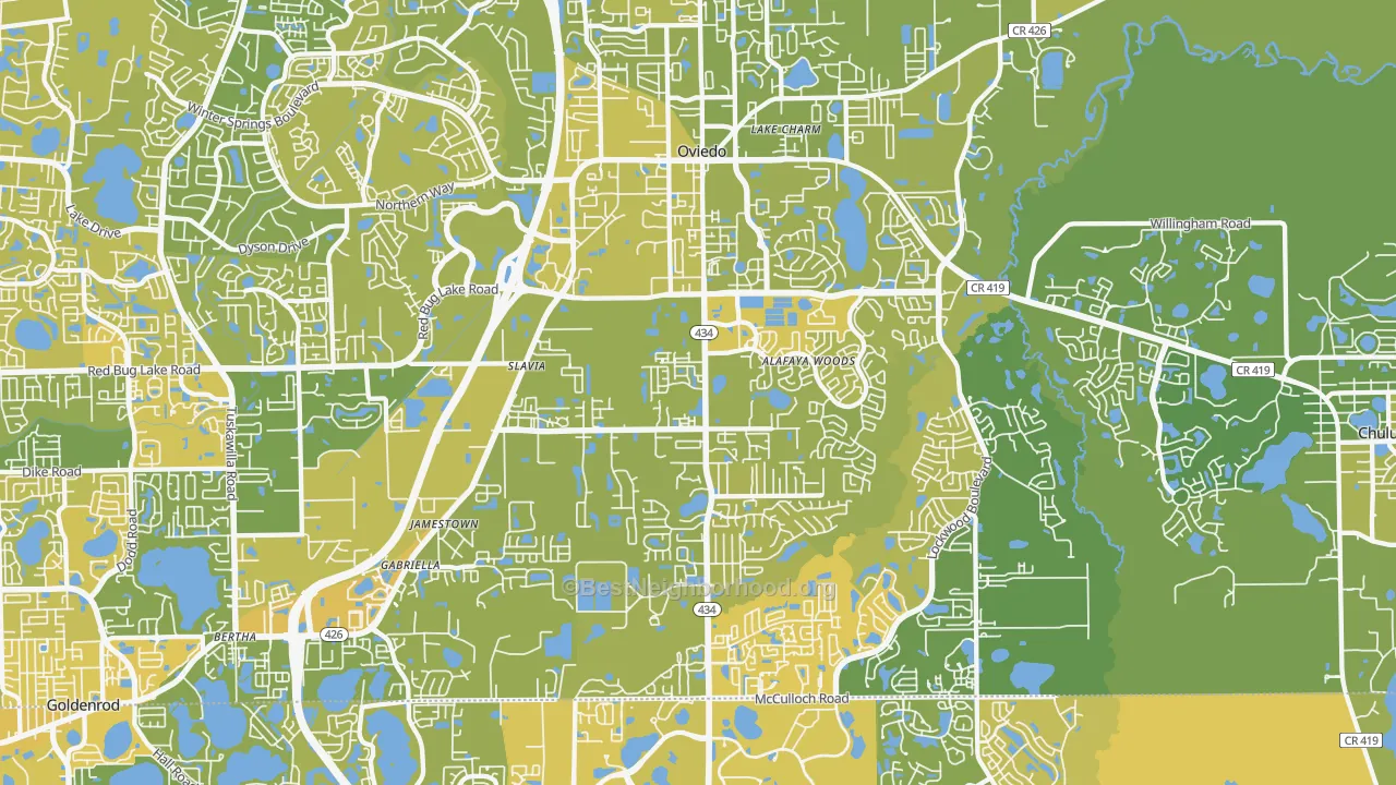 Map of the best neighborhoods in the 32765 area, with better matches in green and worse matches in red