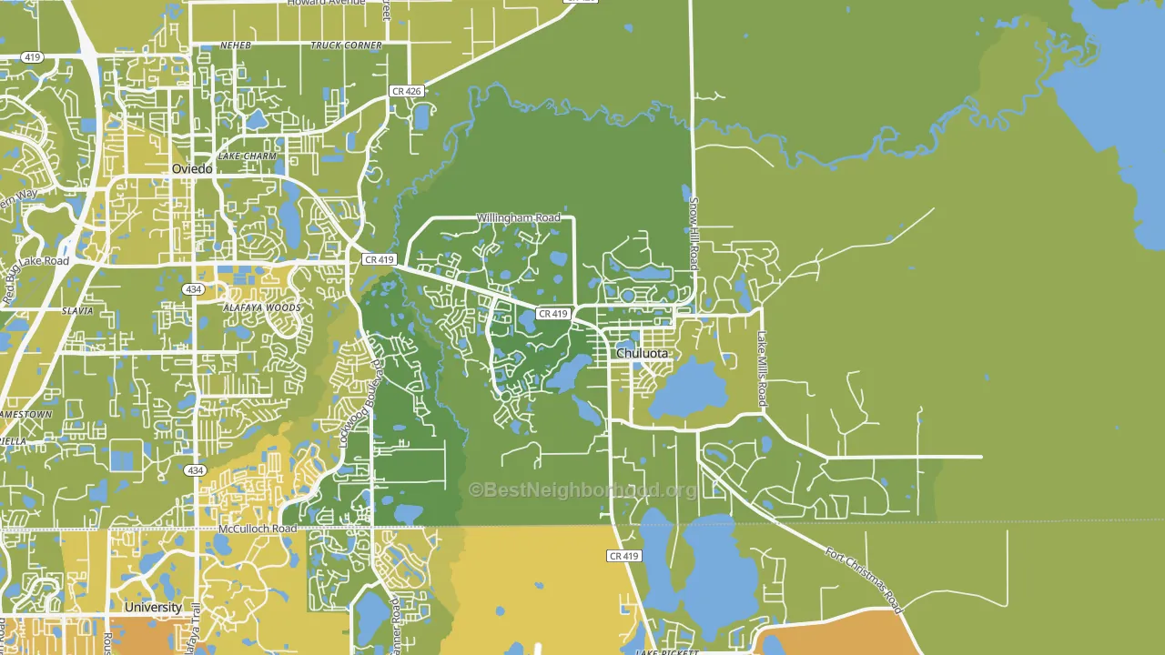 Map of the best neighborhoods in the 32766 area, with better matches in green and worse matches in red