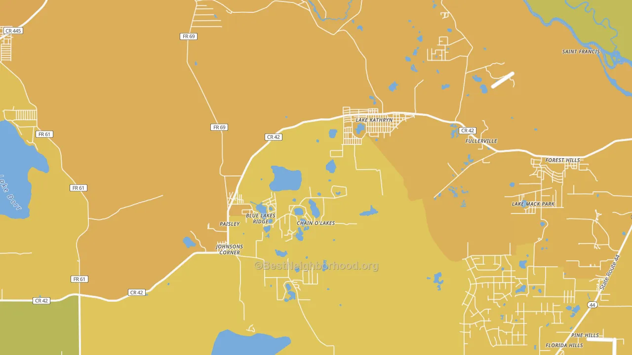 Map of the best neighborhoods in the 32767 area, with better matches in green and worse matches in red
