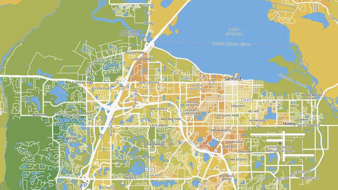 Map of the best neighborhoods in the 32771 area, with better matches in green and worse matches in red