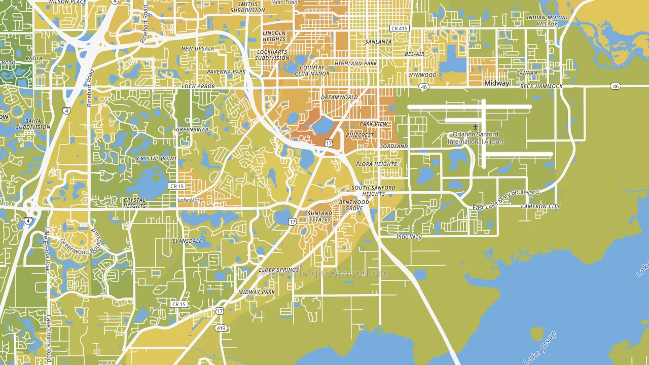 Map of the best neighborhoods in the 32773 area, with better matches in green and worse matches in red