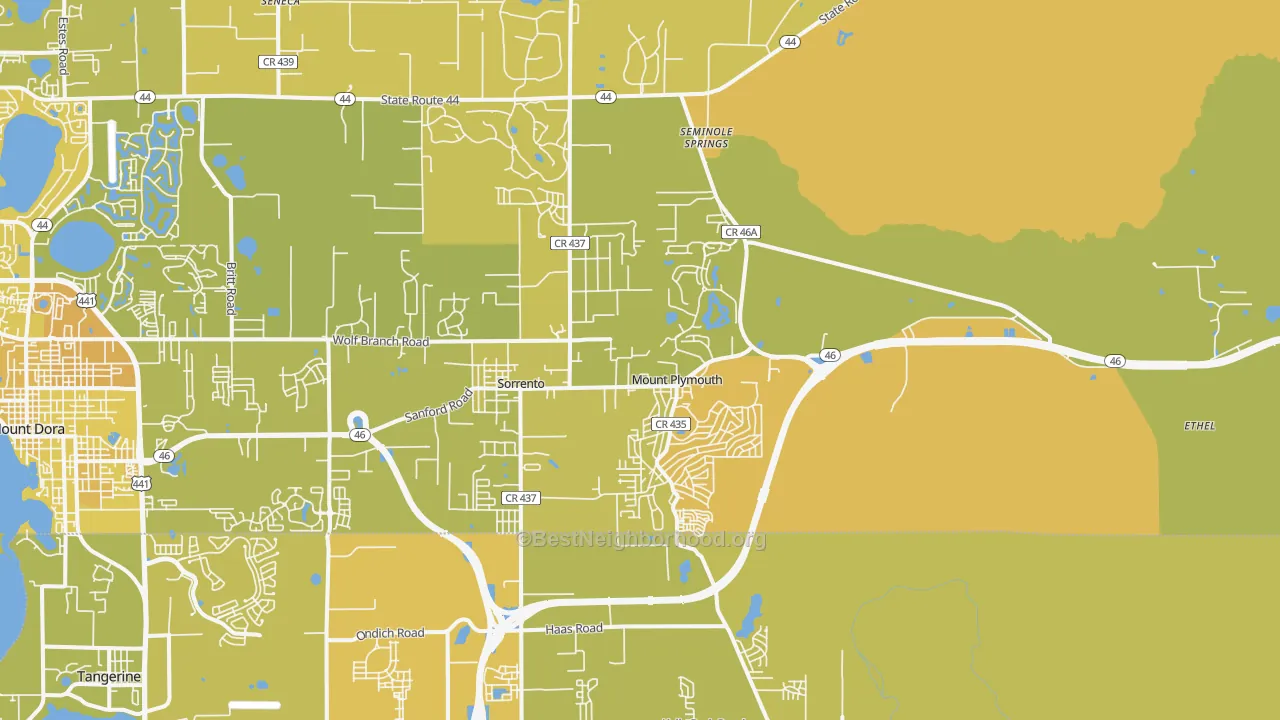 Map of the best neighborhoods in the 32776 area, with better matches in green and worse matches in red