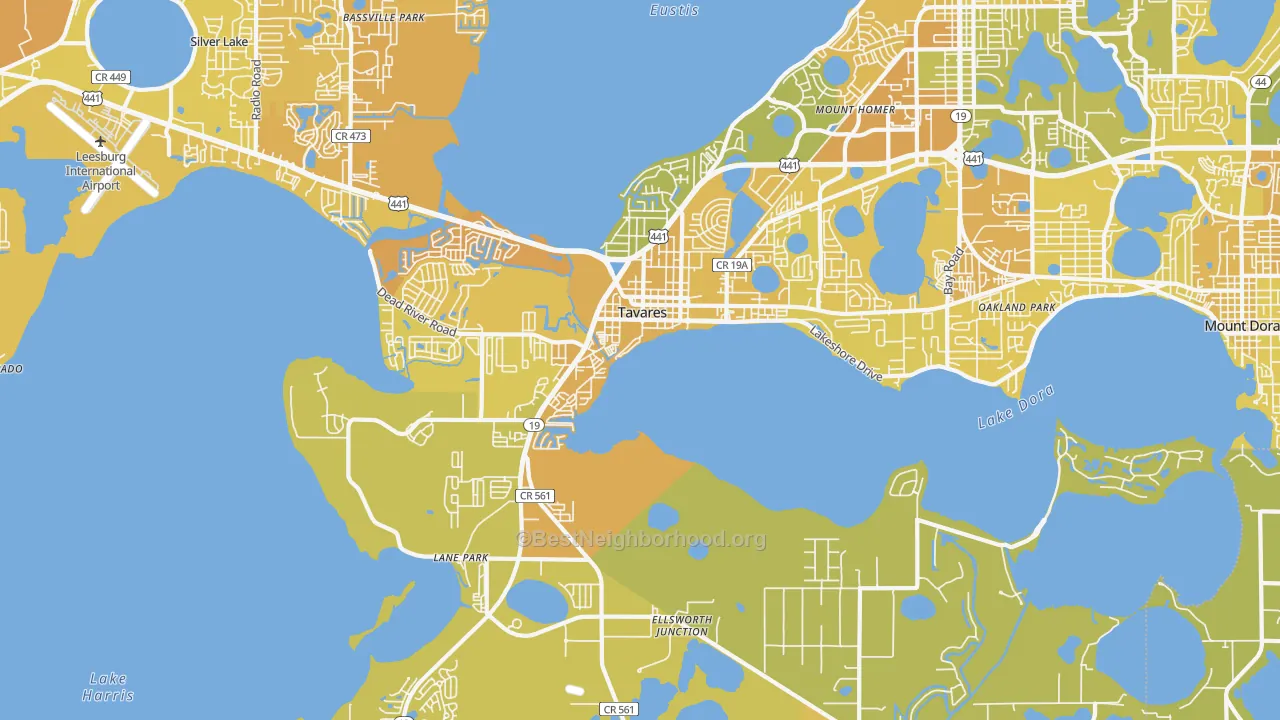 Map of the best neighborhoods in the 32778 area, with better matches in green and worse matches in red