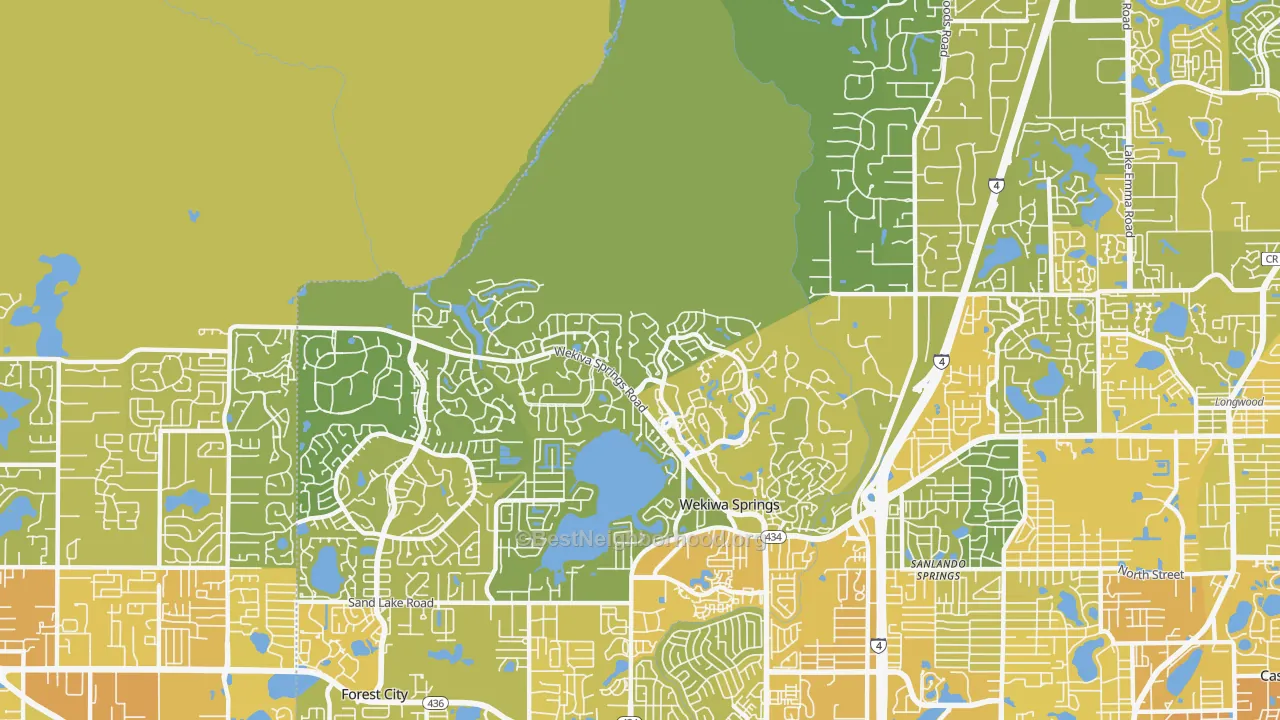 Map of the best neighborhoods in the 32779 area, with better matches in green and worse matches in red