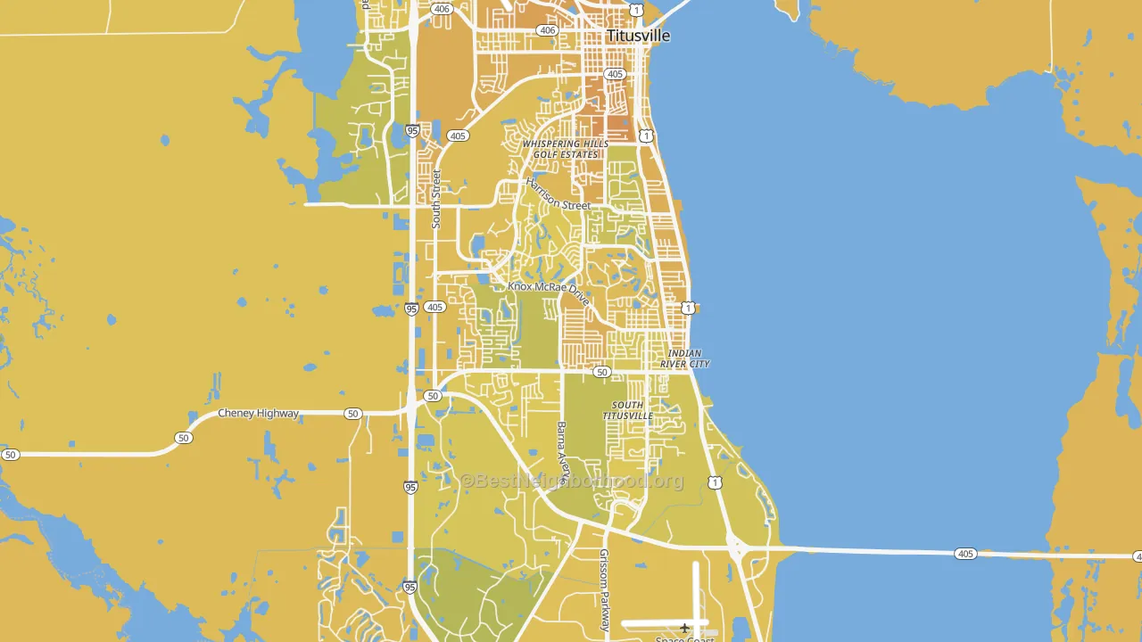 Map of the best neighborhoods in the 32780 area, with better matches in green and worse matches in red