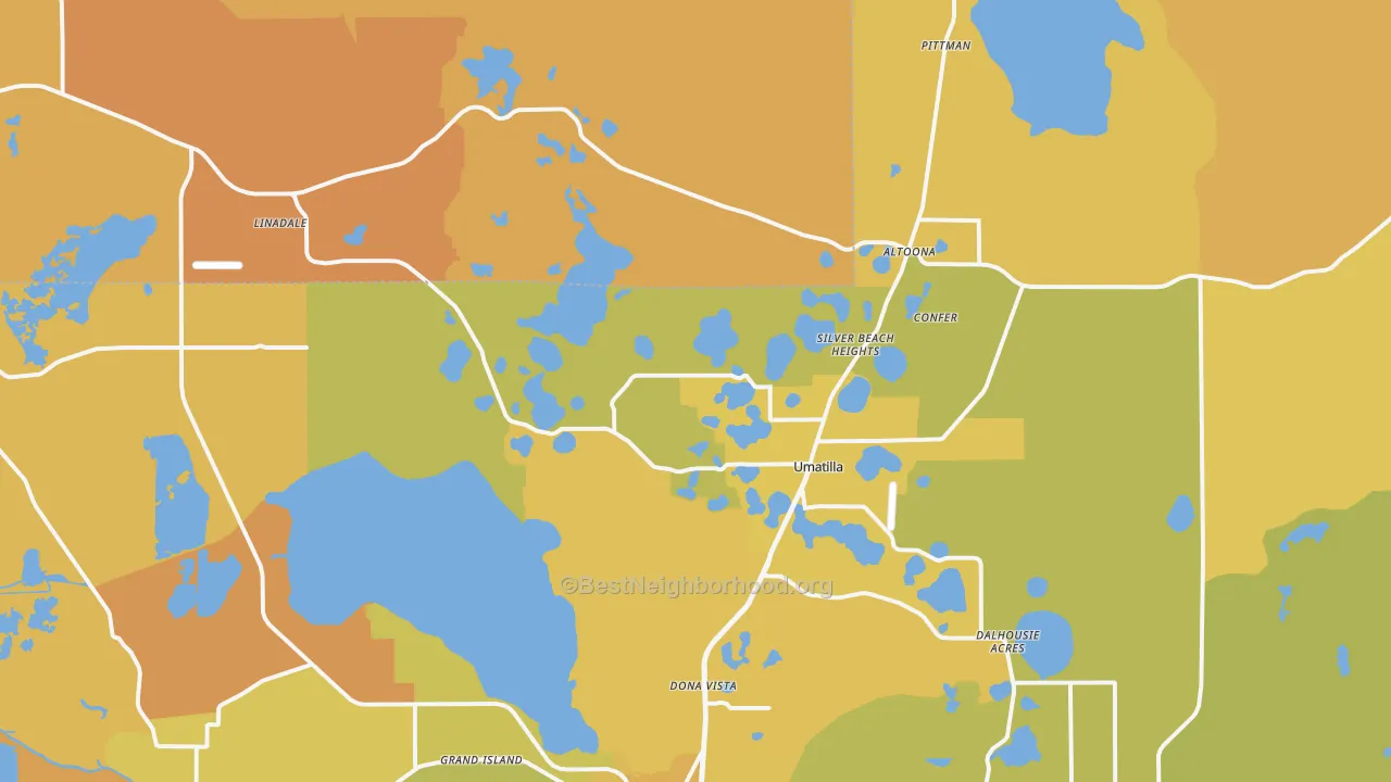 Map of the best neighborhoods in the 32784 area, with better matches in green and worse matches in red