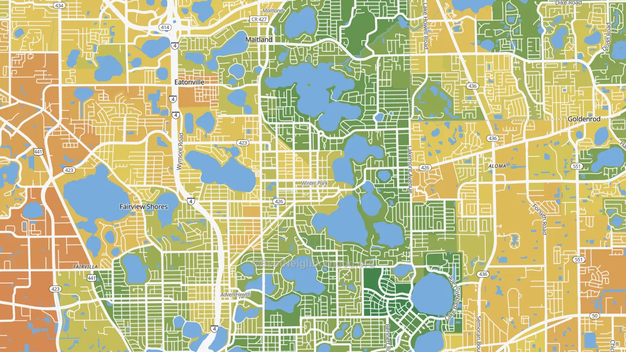 Map of the best neighborhoods in the 32789 area, with better matches in green and worse matches in red