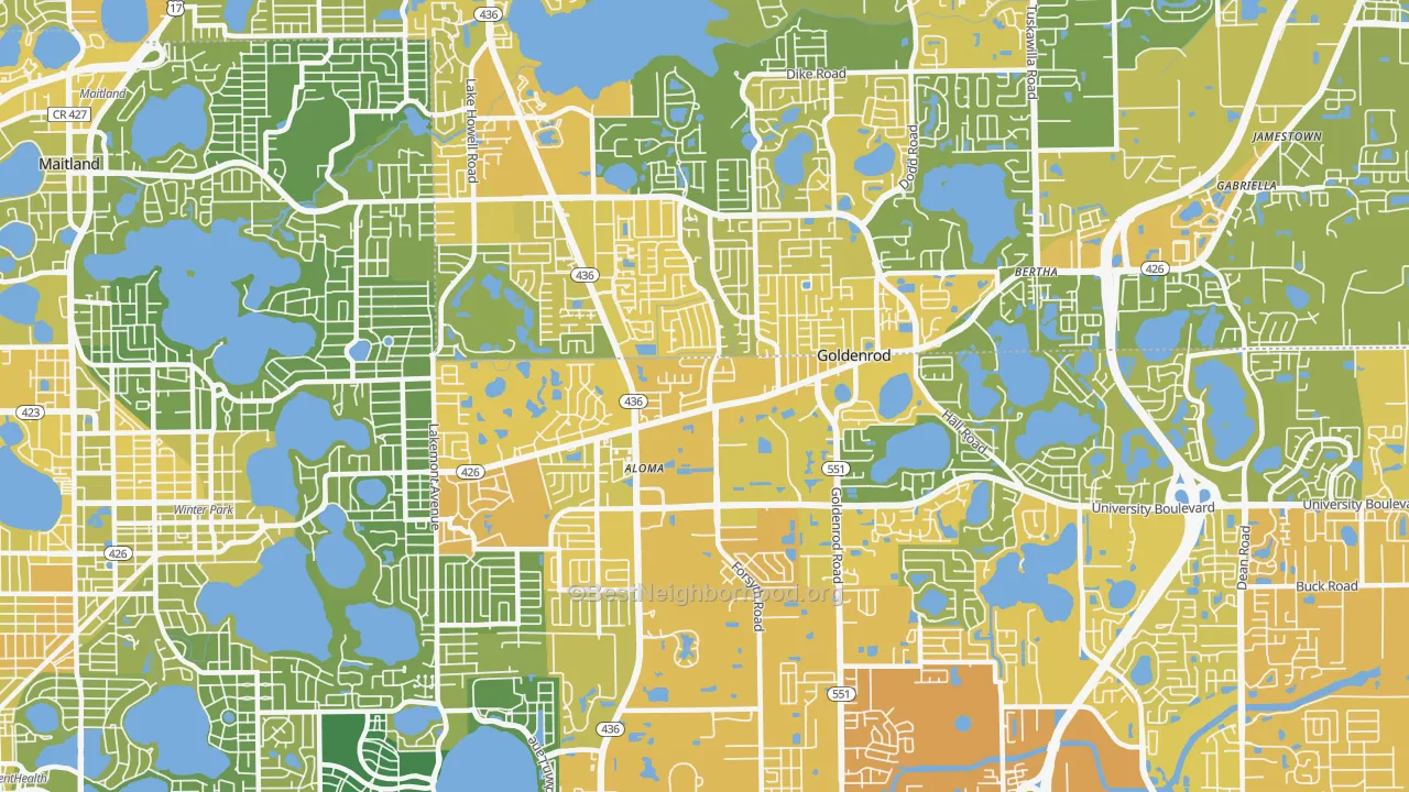 Map of the best neighborhoods in the 32792 area, with better matches in green and worse matches in red
