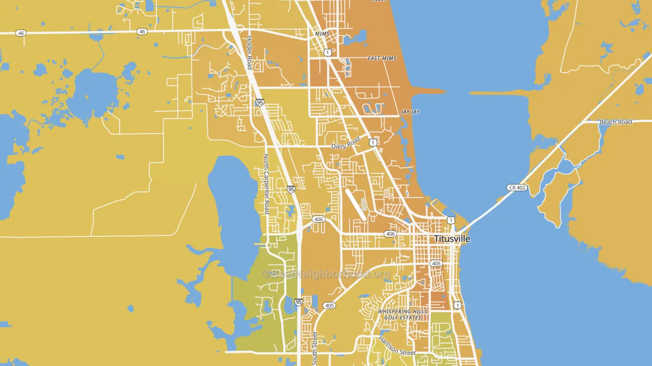 Map of the best neighborhoods in the 32796 area, with better matches in green and worse matches in red