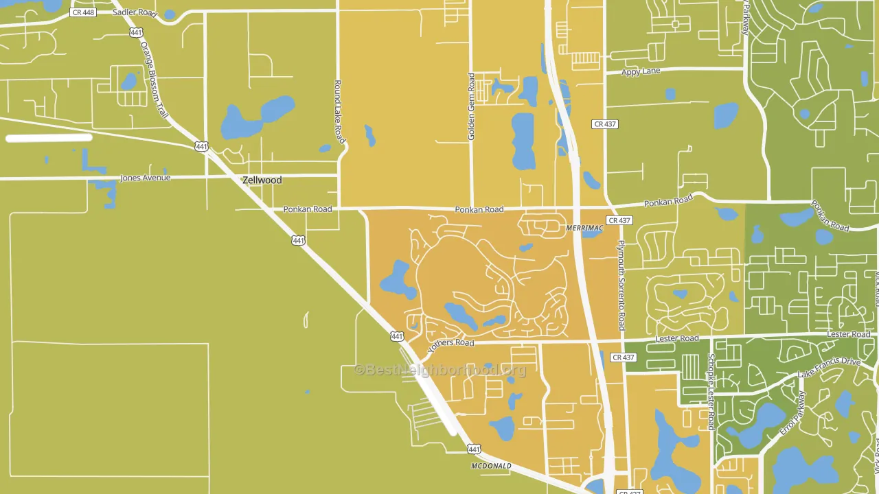Map of the best neighborhoods in the 32798 area, with better matches in green and worse matches in red