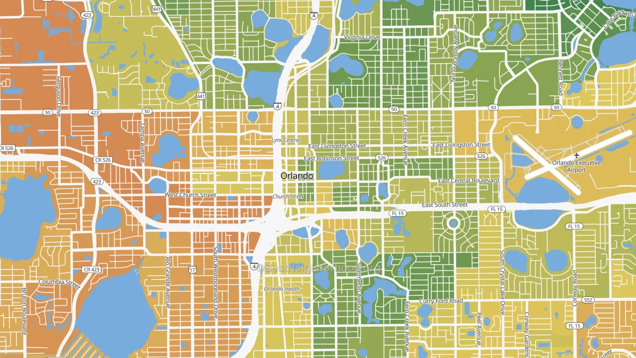 Map of the best neighborhoods in the 32801 area, with better matches in green and worse matches in red