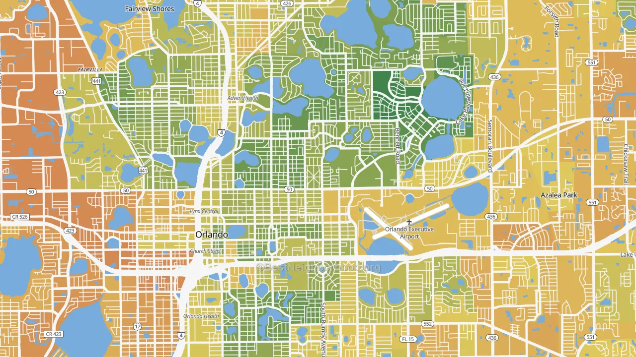 Map of the best neighborhoods in the 32803 area, with better matches in green and worse matches in red