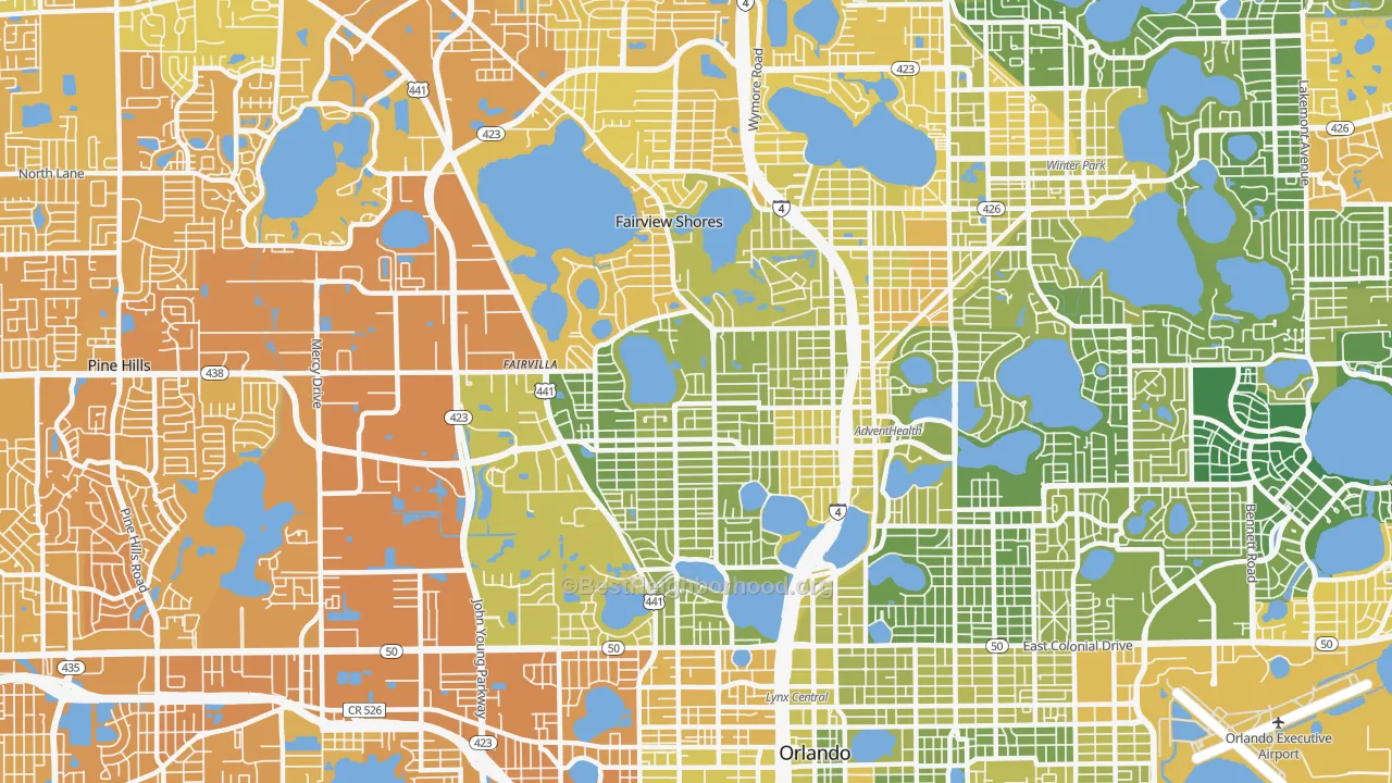 Map of the best neighborhoods in the 32804 area, with better matches in green and worse matches in red