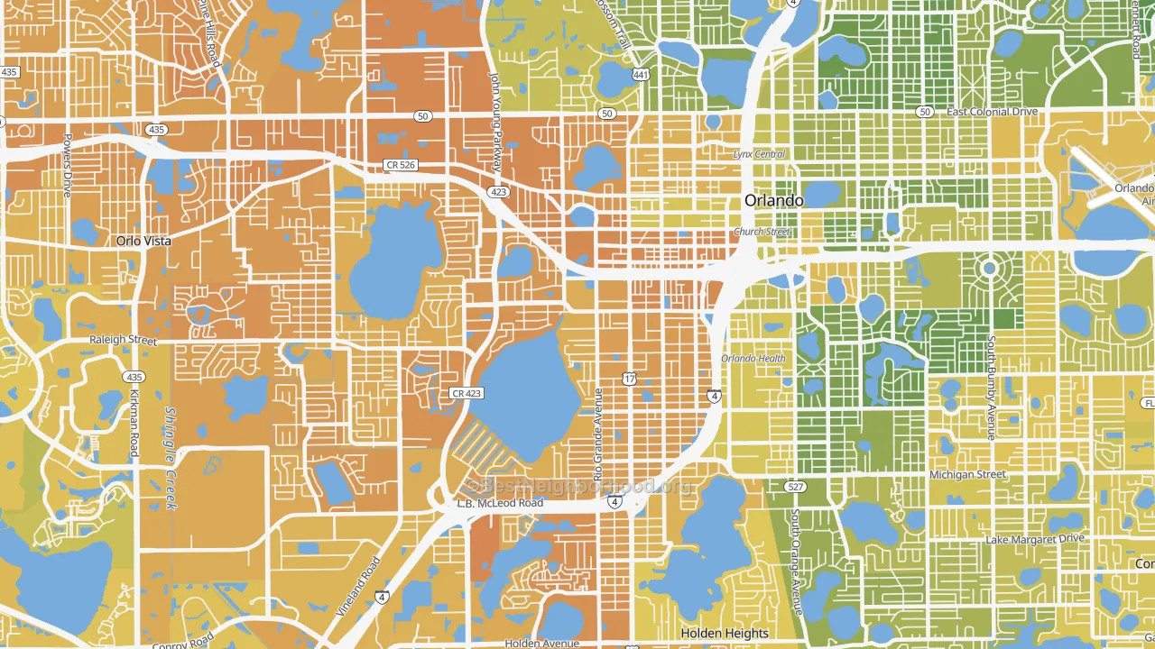 Map of the best neighborhoods in the 32805 area, with better matches in green and worse matches in red