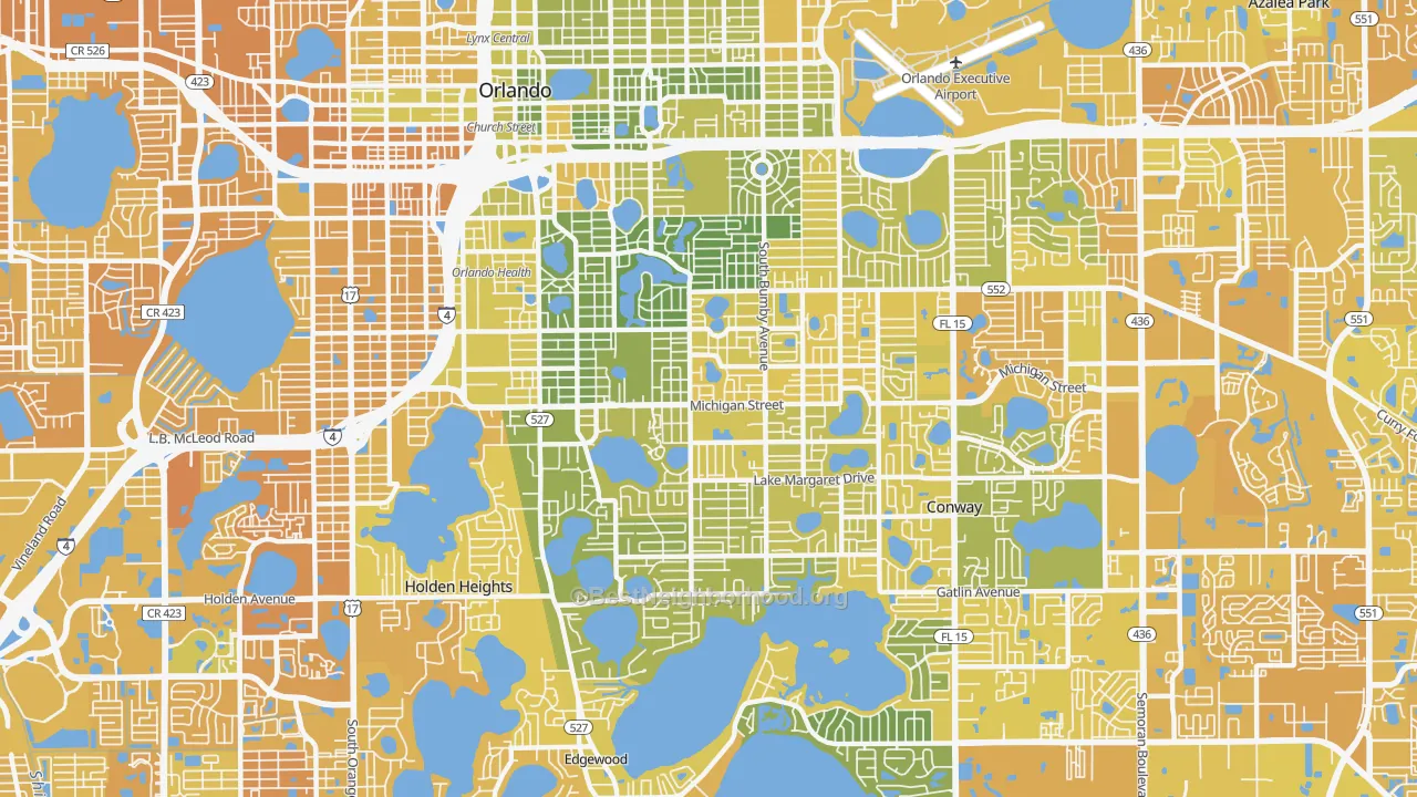 Map of the best neighborhoods in the 32806 area, with better matches in green and worse matches in red