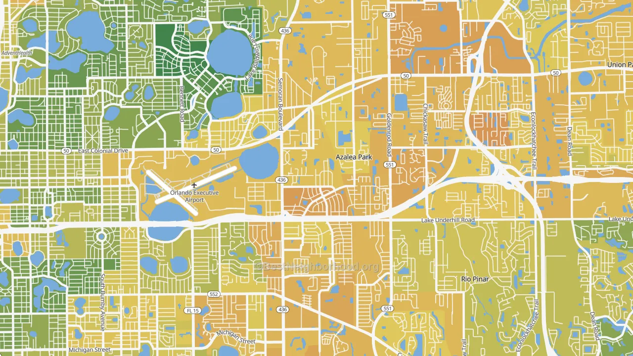 Map of the best neighborhoods in the 32807 area, with better matches in green and worse matches in red