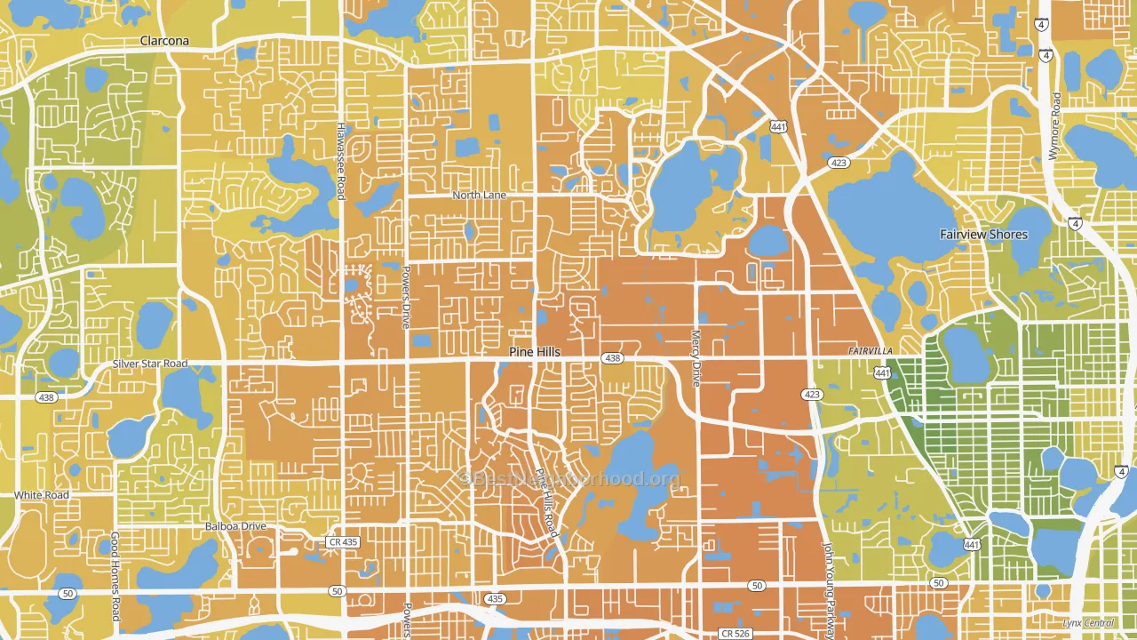 Map of the best neighborhoods in the 32808 area, with better matches in green and worse matches in red