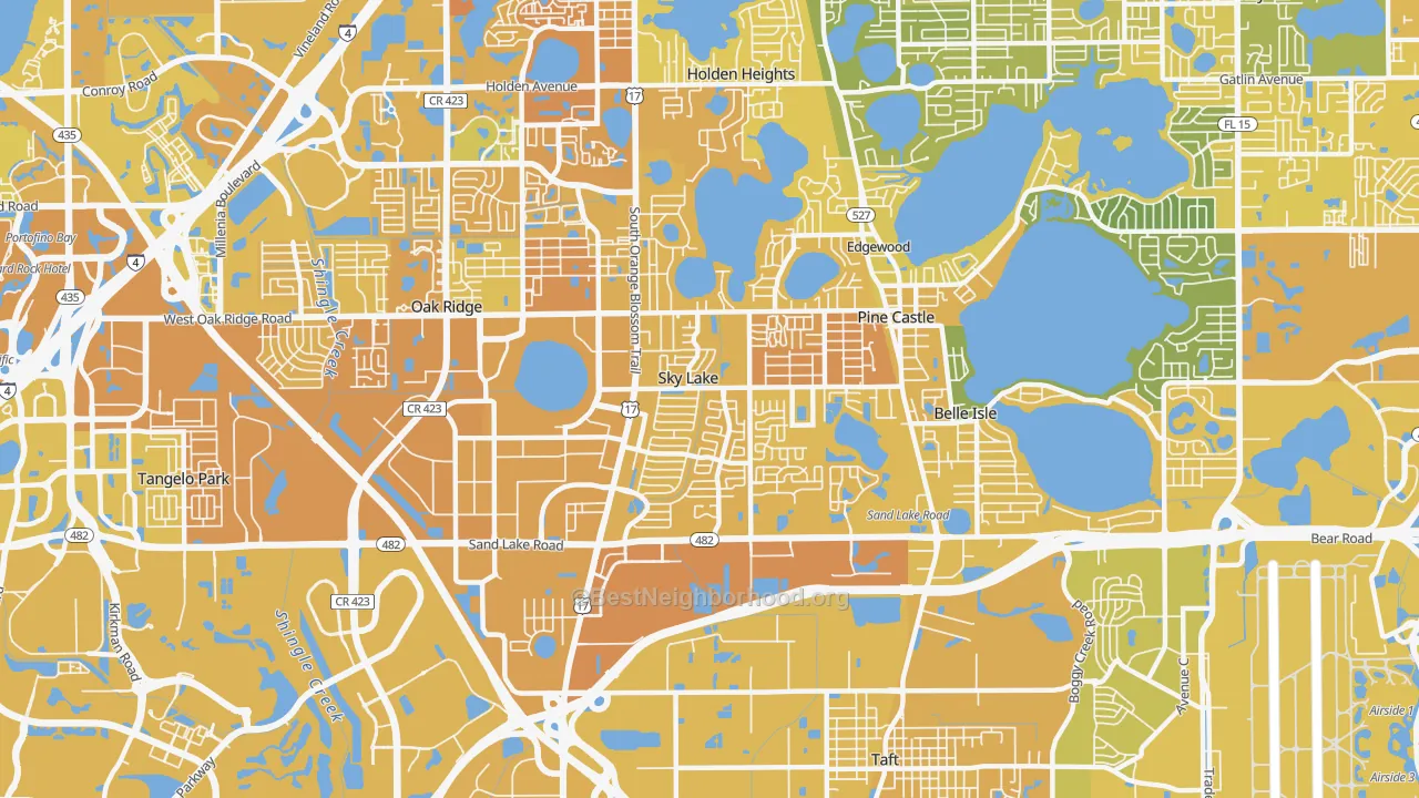 Map of the best neighborhoods in the 32809 area, with better matches in green and worse matches in red
