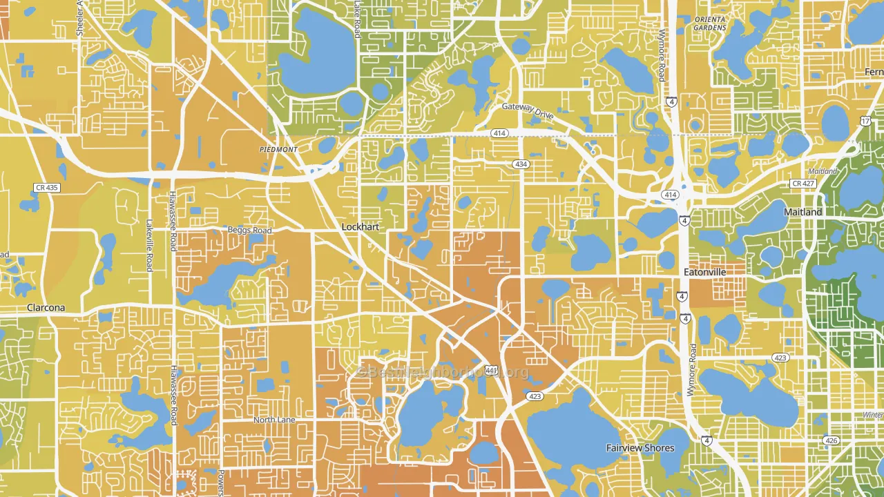 Map of the best neighborhoods in the 32810 area, with better matches in green and worse matches in red