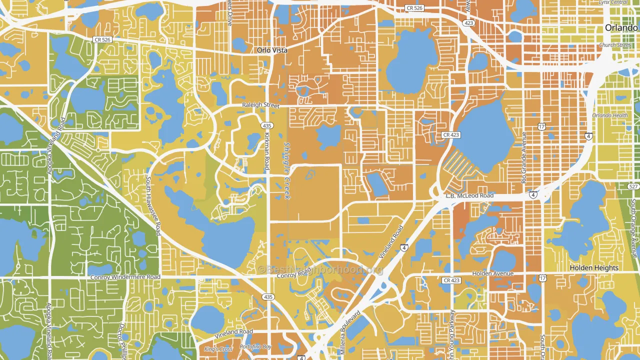 Map of the best neighborhoods in the 32811 area, with better matches in green and worse matches in red