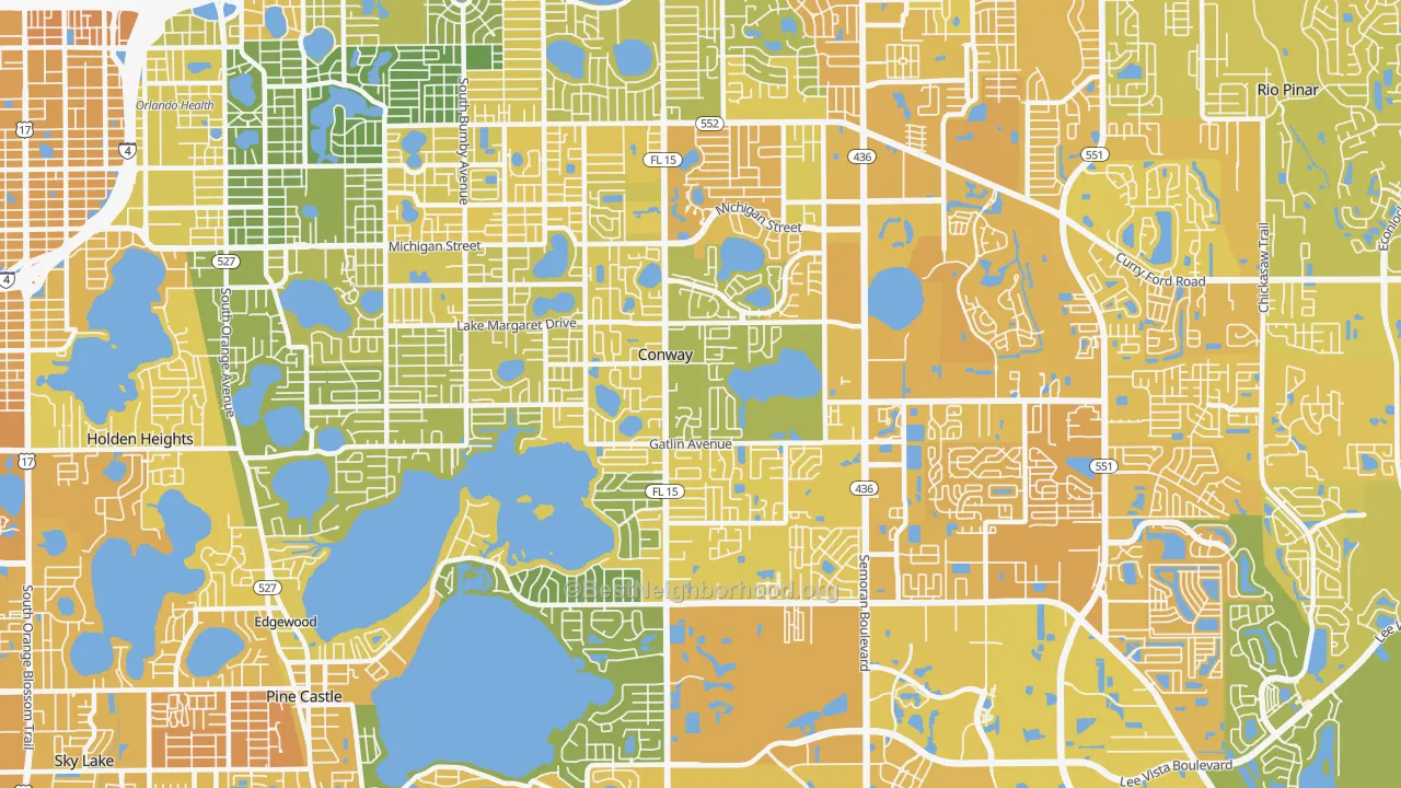 Map of the best neighborhoods in the 32812 area, with better matches in green and worse matches in red