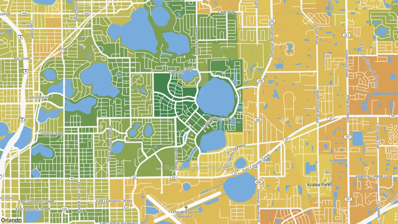 Map of the best neighborhoods in the 32814 area, with better matches in green and worse matches in red