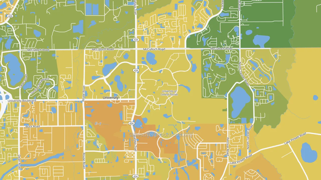 Map of the best neighborhoods in the 32816 area, with better matches in green and worse matches in red