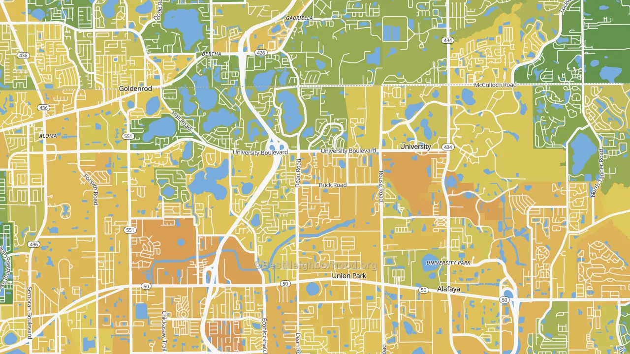 Map of the best neighborhoods in the 32817 area, with better matches in green and worse matches in red