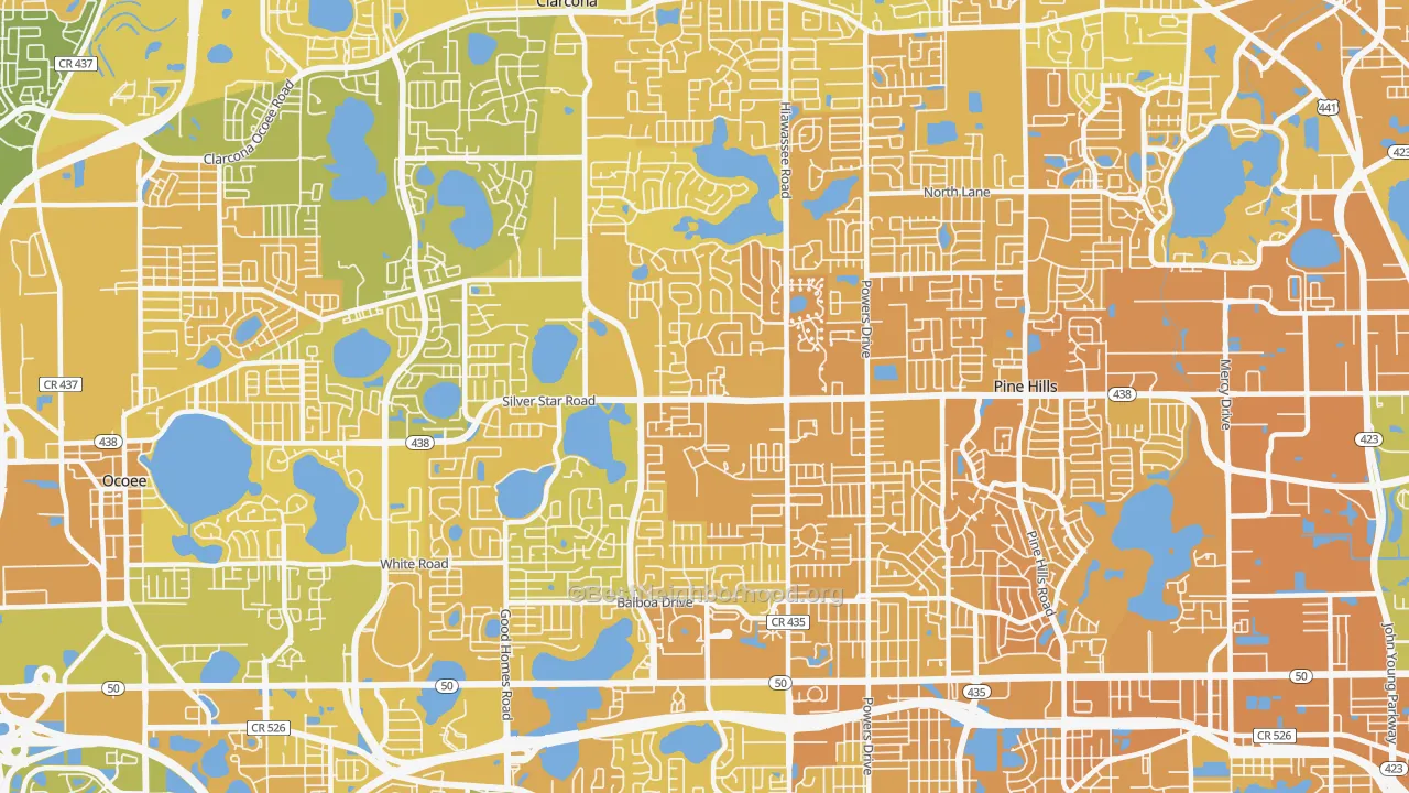 Map of the best neighborhoods in the 32818 area, with better matches in green and worse matches in red