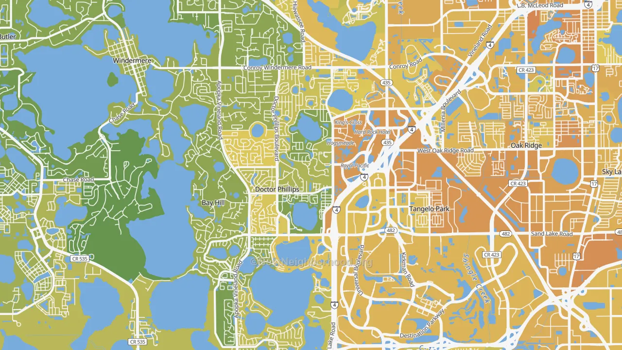 Map of the best neighborhoods in the 32819 area, with better matches in green and worse matches in red