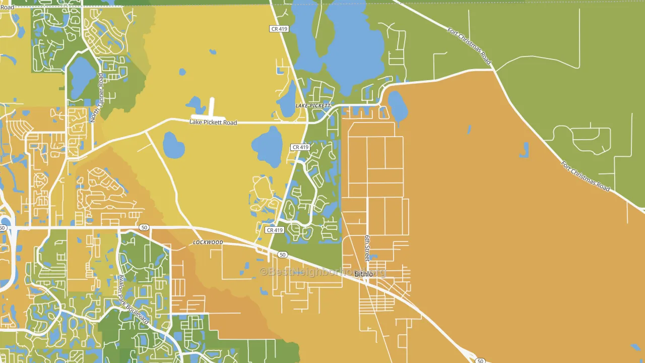 Map of the best neighborhoods in the 32820 area, with better matches in green and worse matches in red