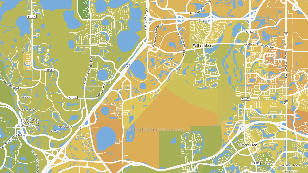 Map of the best neighborhoods in the 32821 area, with better matches in green and worse matches in red